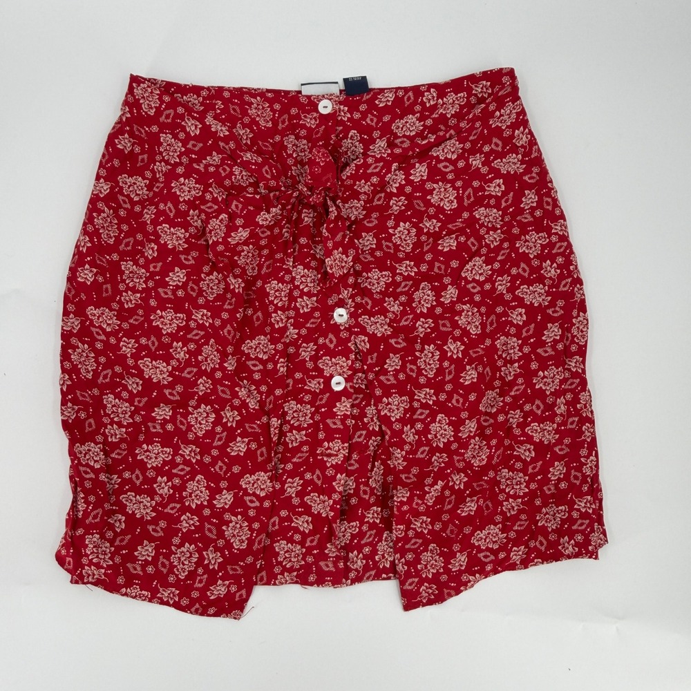 Lizsport Floral Skirt Button Front Tie Waist 90s Vintage Women Size 14 Red White